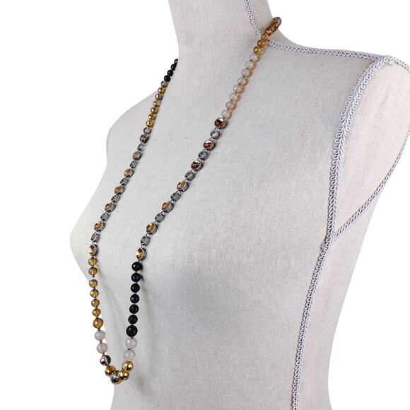 Glass Bead Long Necklace 37" Silver Tone Champagne Crystals - Picture 4 of 11